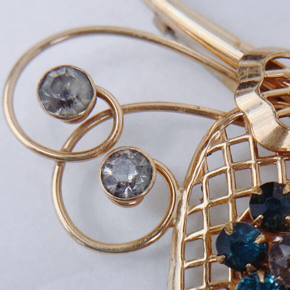 VTG Signed Harry Iskin 12K GF Blue Rhinestone Floral Brooch Mid Century 1950s - Picture 5 of 11